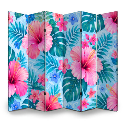 6 Panels Folding Screen Room Divider Royal Pink Hibiscus Tropical Floral Green Leaves Vibrant Botanical Canvas Screen Room Separator Freestanding Protective Wall Divider Privacy Partition