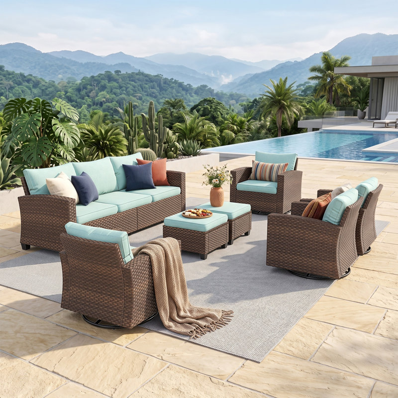 Outdoor Wicker Patio Conversation Set With Swivel Chairs, Blue, 7 Pcs: Sofa, 4 Chairs, 2 Ottomans