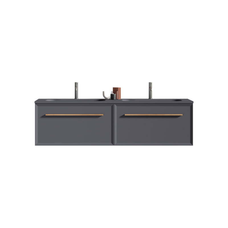 Meuble-lavabo gris exclusif de 60 po avec lavabo à surface solide Jaiyce, meuble-lavabo mural flottant pour salle de bain moderne, lavabo une pièce, sans bonde ni robinet
