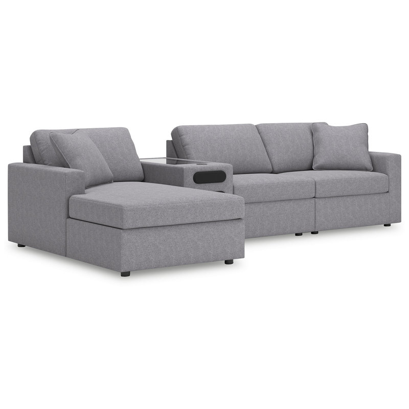 Canapé modulaire 4 pièces avec méridienne et console audio Braintree, Polyester gris, Orienté à gauche (vu de face)
