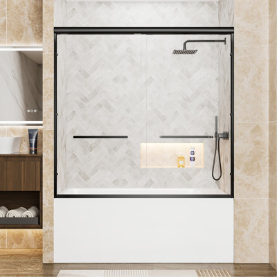 Porte de douche coulissante double à cadre en aluminium de 56 à 60 po x H 57 po, porte de baignoire noire matte à fermeture en douceur, verre trempé transparent de 1/4 po (6 mm) avec film antidéflagrant, poignées doubles en acier inoxydable