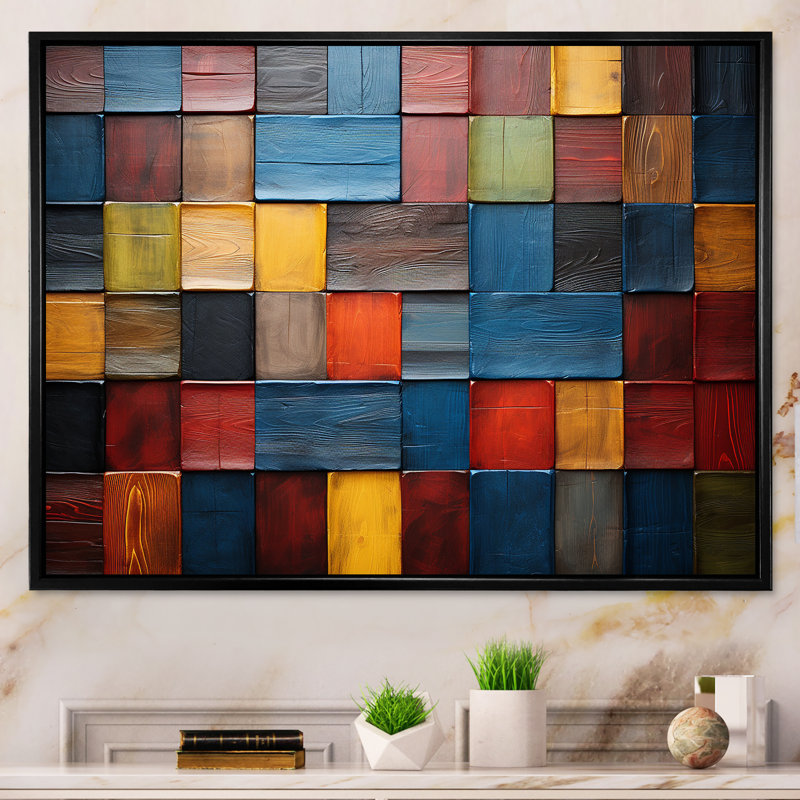 Carreaux colorés de couleurs terre V - art mural mosaïque Boho pour le salon, Cadre flottant noir