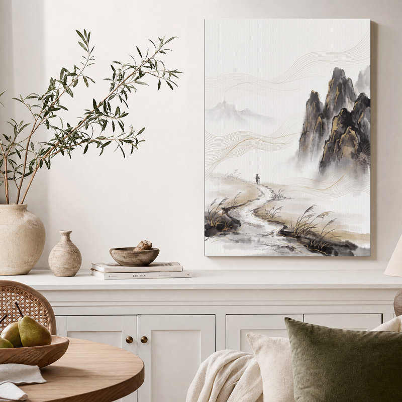 Impression sur toile, paysage de montagne à l'encre, 30"H x 20"W