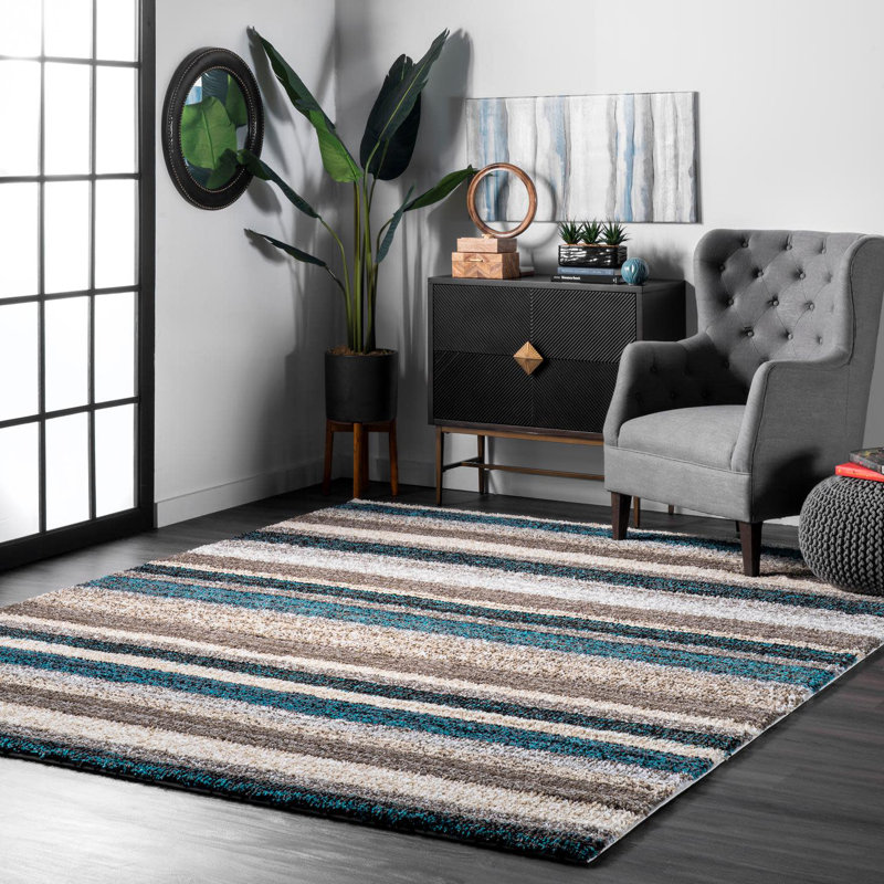 Striped Handmade Tufted Blue Area Rug, Rectangle 5' x 8'