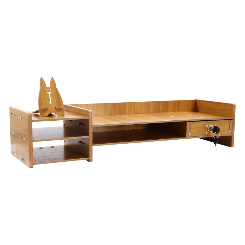 Solid Wood Desk Organizer Set Computer Monitor Stand with Lockable Drawer