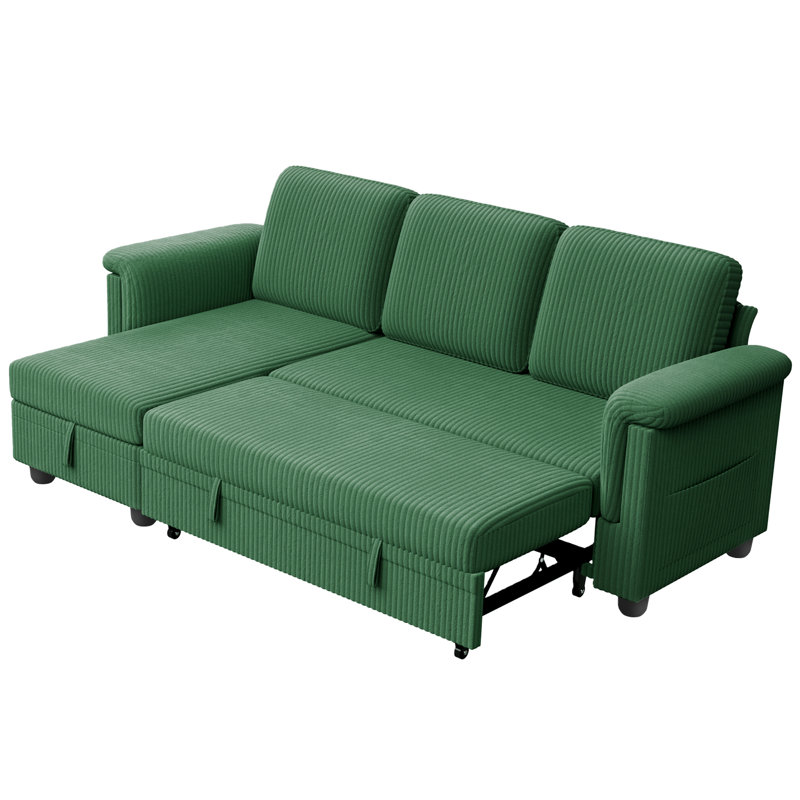 Canapé-lit en forme de L 79 po avec 2 sacs de rangement latéraux, Velours côtelé vert