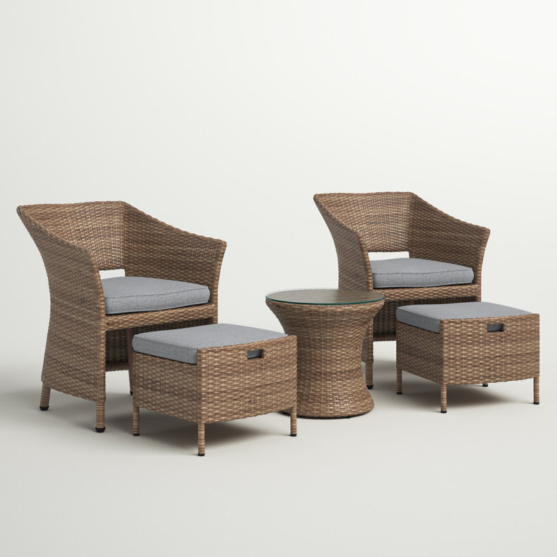 Acuna All-Weather 5 Pc Outdoor Set with 17"H Accent Table With Glass Top 2 Chairs 2 Ottomans