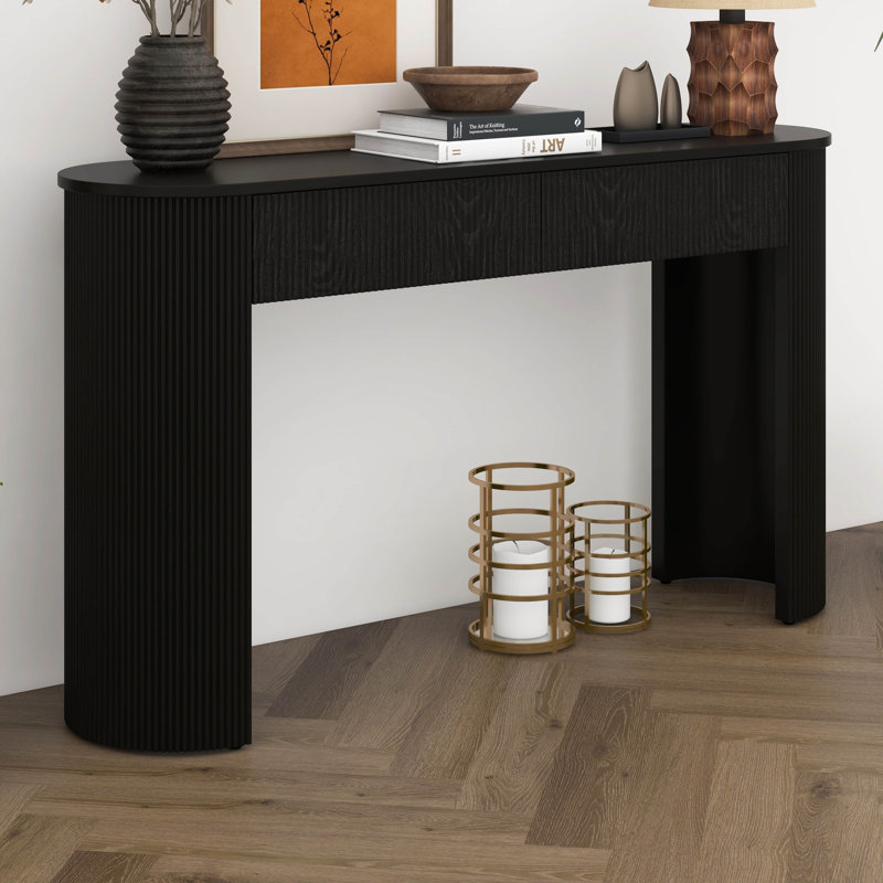 Console moderne avec design cannelé, plateau ovale et 2 tiroirs, Noir