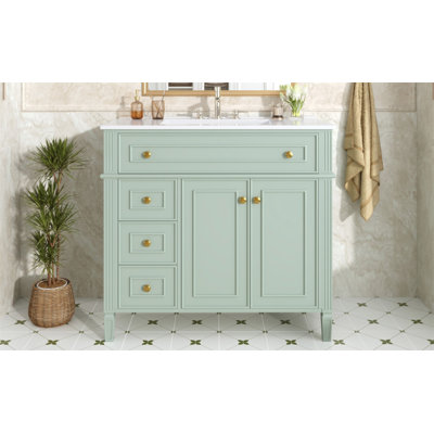 Meuble-lavabo de 36 po avec lavabo en bois massif avec tiroir escamotable, 3 tiroirs et 2 portes à fermeture en douceur, poignées dorées et design moderne, deux ensembles