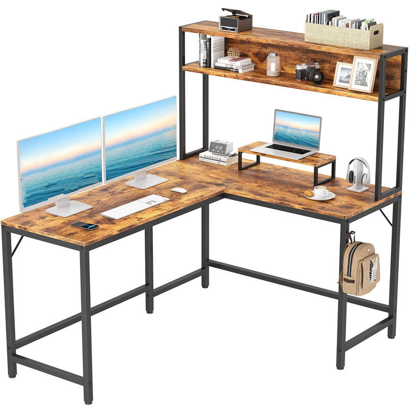 Mcelyea L-Shaped Metal Base Computer Desk, Rustic Brown