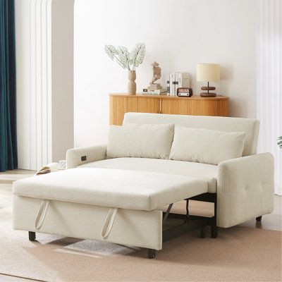 57.48" Pull-Out Sofa Bed Convertible Couch 2 Seat Modern Sleeper Sofa With Two Throw Pillows And USB Ports For Living Room