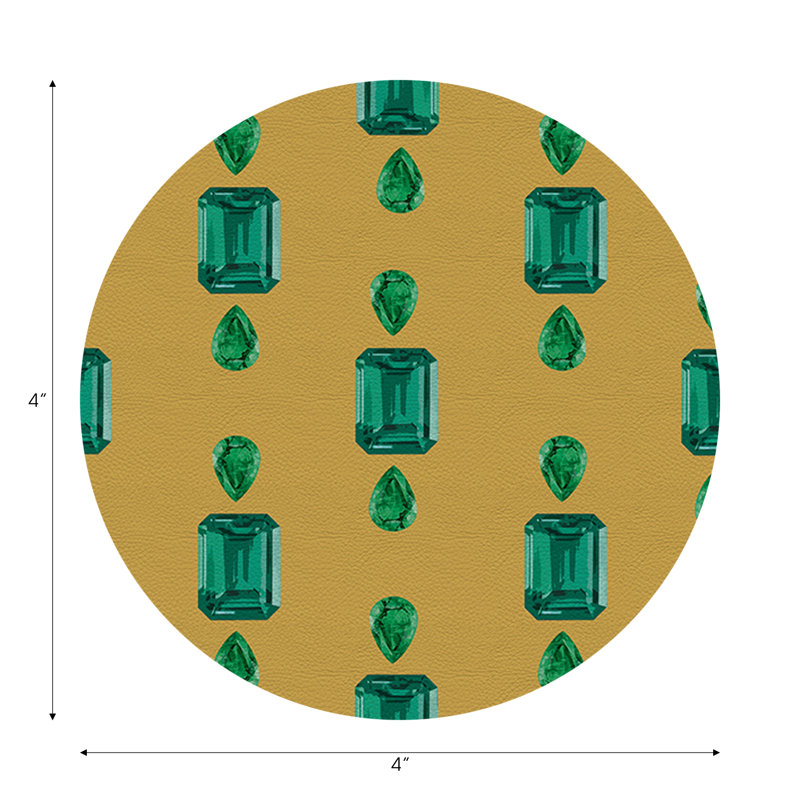 Gem Emeralds Gold Vegan Leather Round Coasters, Gold