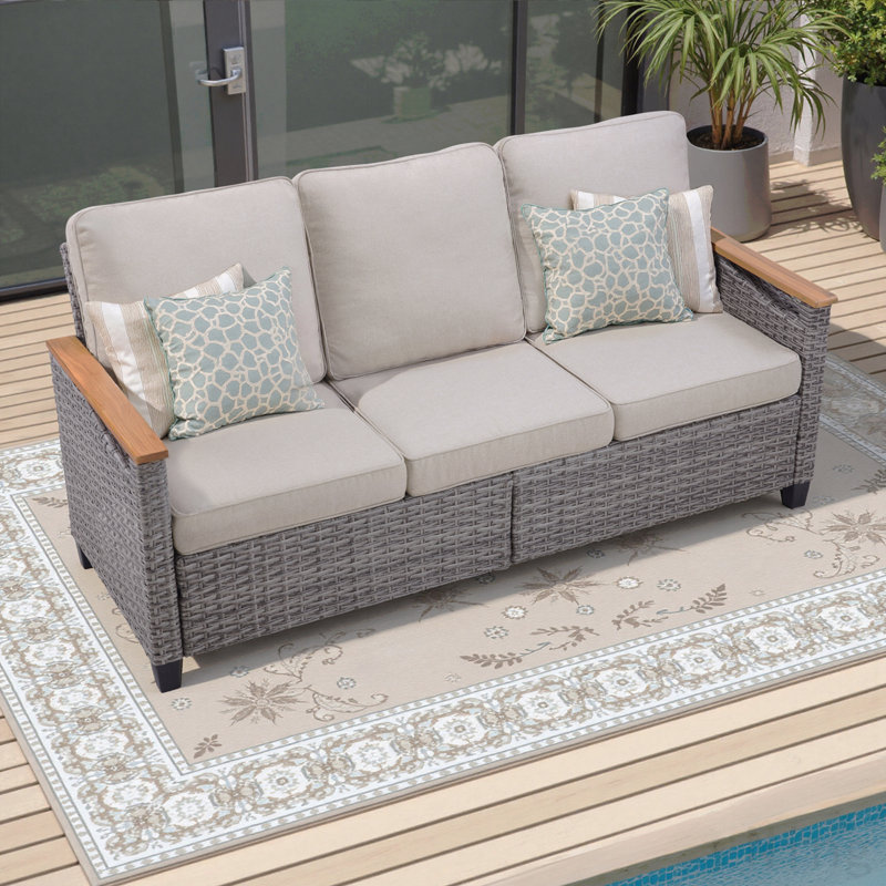 Canapé d'extérieur en osier de 69,7 po de largeur, canapé à assise profonde avec coussins pour la véranda, beige, Beige