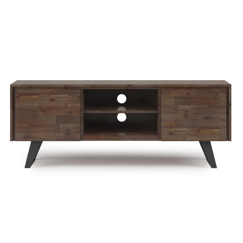 Meuble télé industriel en bois d'acacia massif l 63 po Lowry pour téléviseur de 70 po ou moins avec 2 armoires et tablette ouverte