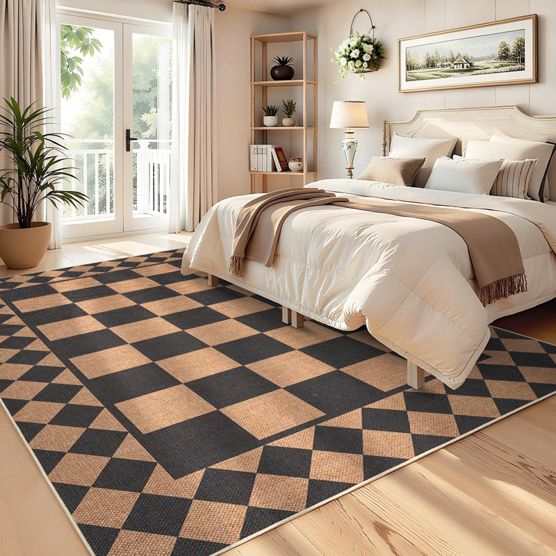 Tapis lavable à motif quadrillé moderne noir et brun, 152 x 213 cm, idéal pour le salon, la chambre ou la salle à manger. Doux au toucher lin, à poils courts, pliable, avec envers antidérapant en TPR, résistant aux taches et facile d'entretien.