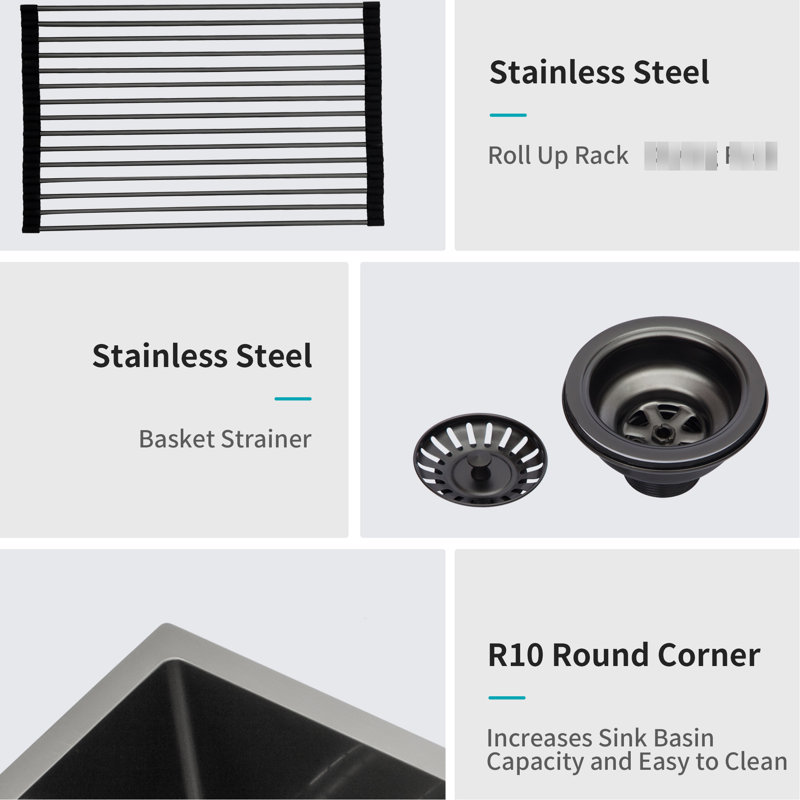 Gunmetal Black Kitchen Basin 15"X17"X10", 16 Gauge Stainless Steel, Fingerprint , X-Shaped Water Guide For Efficient Drainage Sink 15X17x10, 16G Oil- Nano Surface, Fits 18" Cabinet, Standard Drain