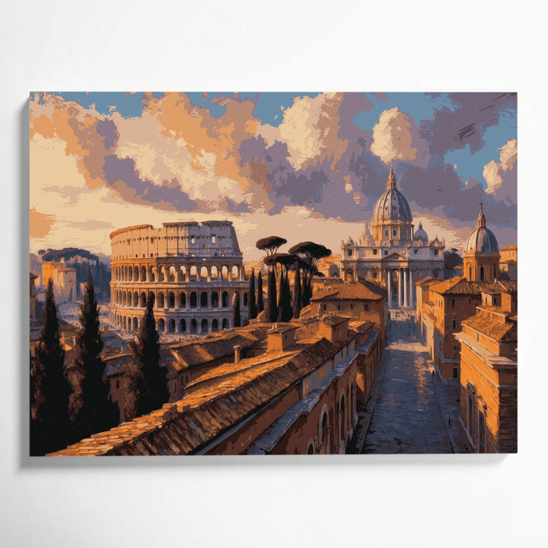 Art mural sur toile brun avec villes de Rome en Italie, H 8 po x l 10 po