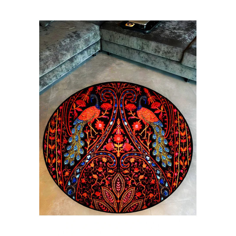 Decorative Carpet With Red And Blue Ethnic Patterns And Two Peacock Details, Round 2'8"
