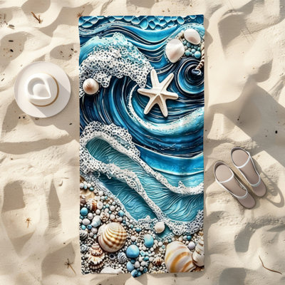  Serviette de plage en microfibre légère, absorbante et sans décoloration, 30 po x 60 po, 3D Ocean Wave