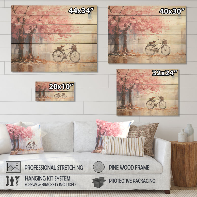 Fleurs roses printanières roses et blanches - Vélo sur bois, H 10 po x l 20 po