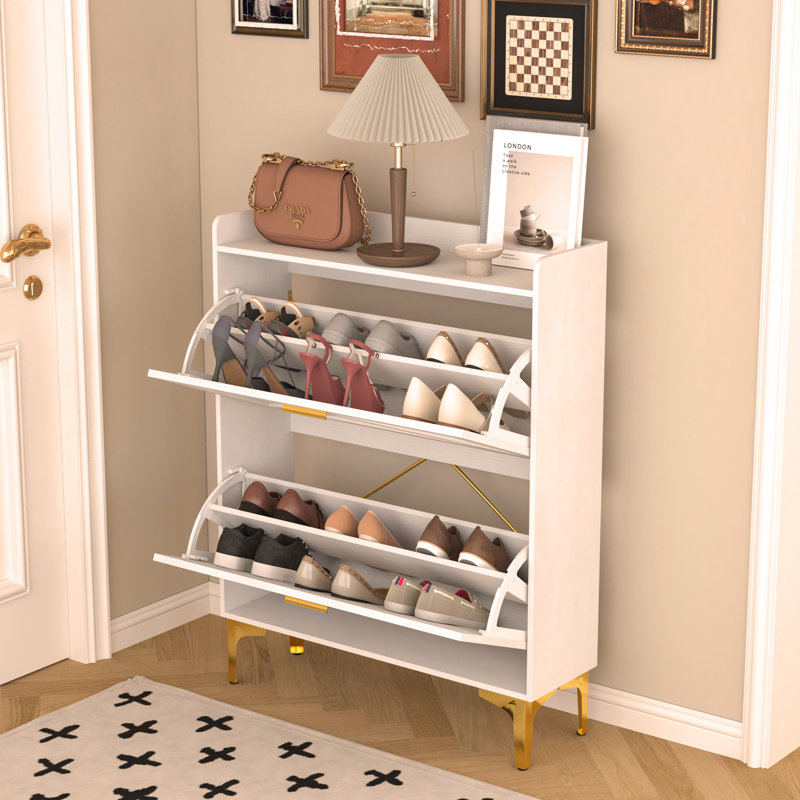 Armoire à chaussures avec 2 tiroirs rabattables et tablettes ouvertes, armoire de rangement moderne pour chaussures d'entrée, étagère à chaussures cachée SlimNarrow