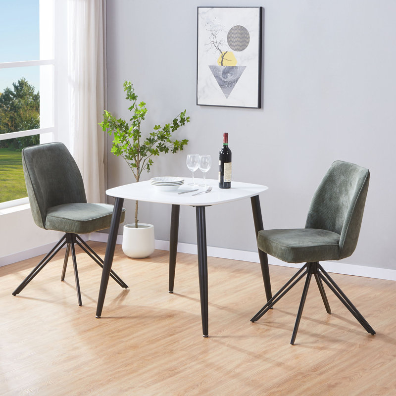 Aspen 2-Piece Casual Dining Set - Compact Square Table & 2 Swivel Upholstered Dining Chairs, White, Green