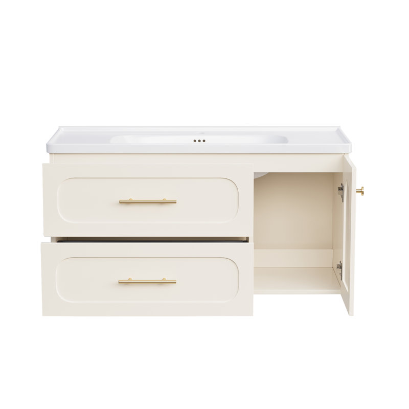 39.4'' Modern Floating Bathroom Vanity with Integrated Ceramic Sink Matte Taupe Cabinet and Gold Hardware