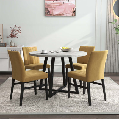 Edo 5-Piece Dining Set with Round Trestle Table and 4 Upholstered Chairs, Durable and Stylish for Modern Homes