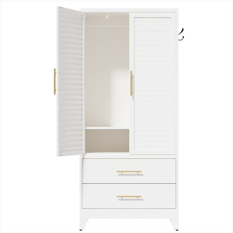 Metal Wardrobe Closet with 2 Doors and Drawers, Clean White, 71 Tall, Space-Saving Storage for Bedroom, Dorm, or Apartment