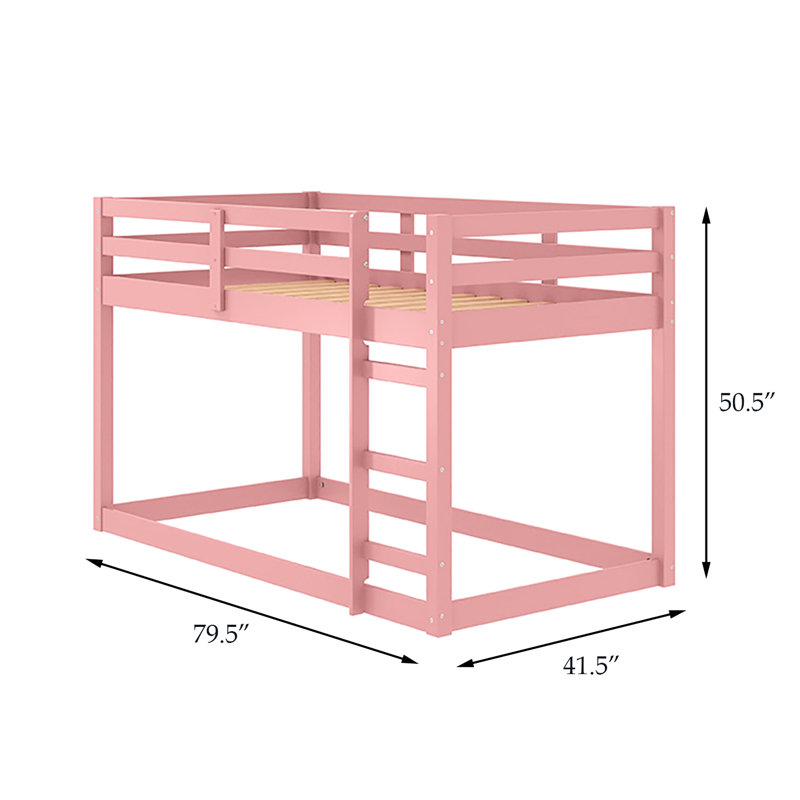 Lit mezzanine simple rose, cadre en lattes de pin à 13 lattes pour le confort du matelas et la circulation de l'air économisant de l'espace avec la barrière installée en bois Robust 13