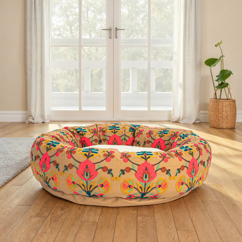 Lit rond rond en coton et sherpa avec housse amovible, Rose / taupe
