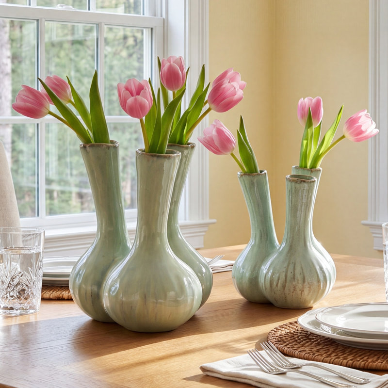 Set Of 2 Celadon 3 Stem Vase