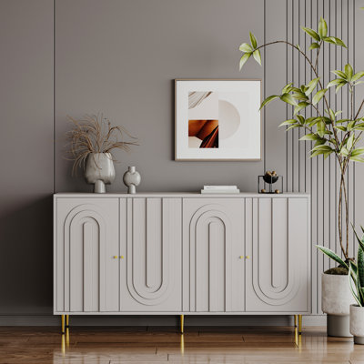 4 Door Gray Lacquered Wooden Cabinet Sideboard Buffet Server Storage With Adjustable Shelf For Living Room, Entryway, Hallway, Office, Kitchen And Dining Room Doors