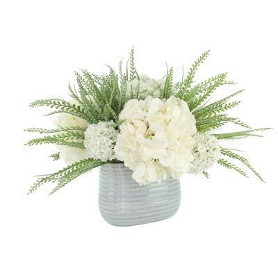 Hydrangeas and Viburnum Arranged in Ceramic Vase with Ferns