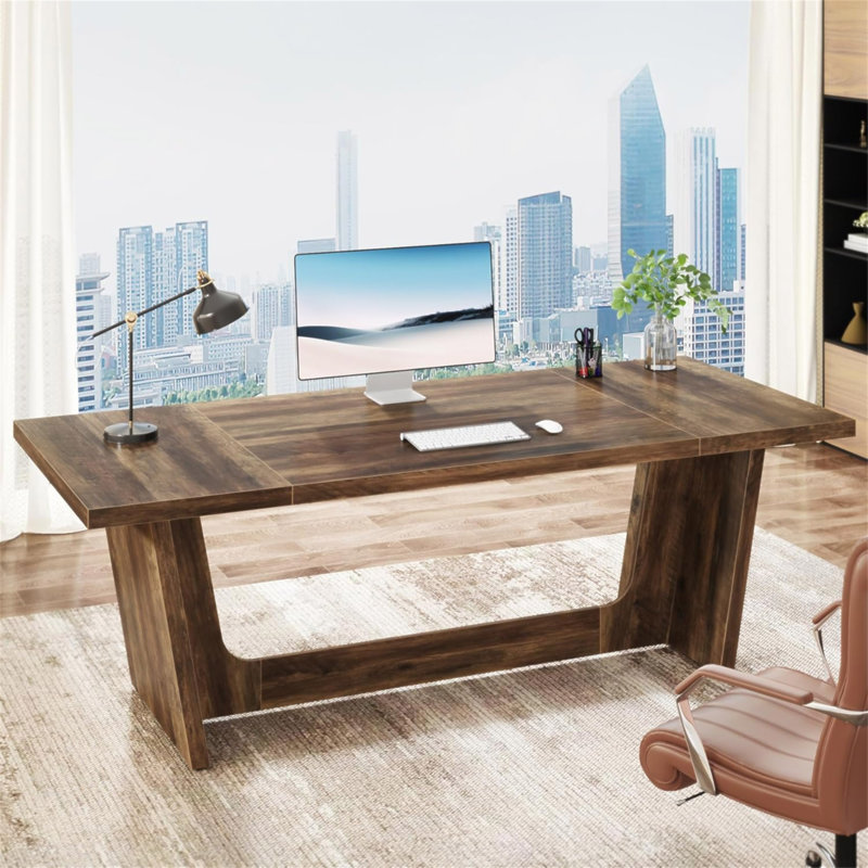 Bureau de direction 71 po pour bureau à domicile - Table d'ordinateur industrielle en bois rustique avec piédestal en bois massif, grand poste d'écriture pour bureau ou bureau - Finition résistante aux égratignures - Brun rustique