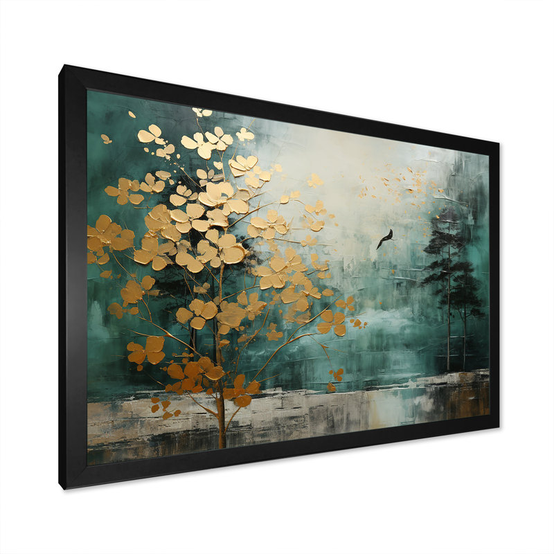 «Golden Emerald Forest - Abstract Spirals», art encadré, Cadre simple noir, H 12 po x l 20 po x P 1 po
