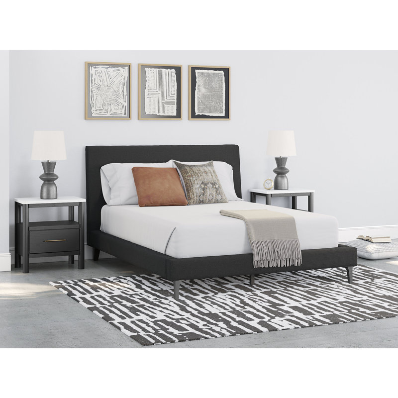 Black Queen Upholstered Bed with Wood Frame and Drawer