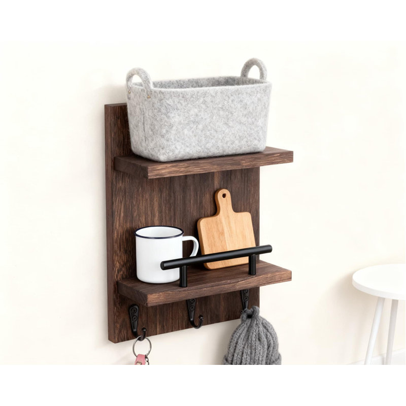 Porte-clés mural et organisateur de courrier avec 3 crochets et 2 tablettes, rangement en bois massif pour les clés, le courrier et les petits objets
