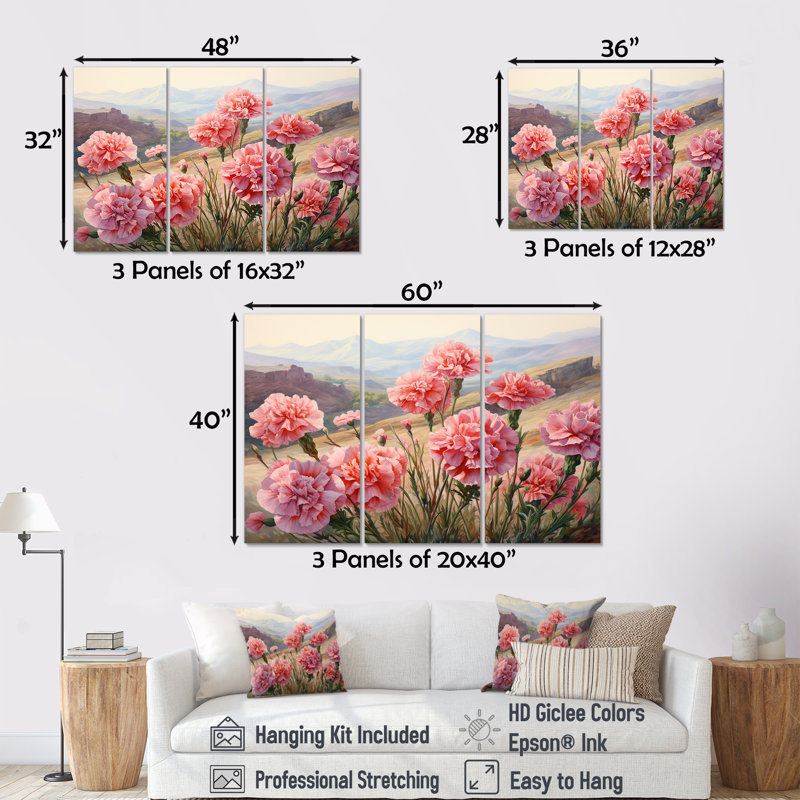 «Carnations Charm In Mountain Scenery», ensemble d'art sur toile, Toile tendue, H 32 po x l 48 po x P 1 po