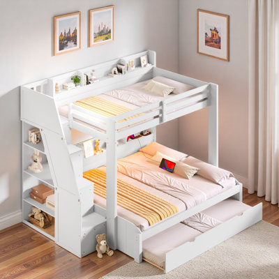 Lit superposé avec escalier de rangement, lit gigogne, tablettes de rangement, DEL et USB