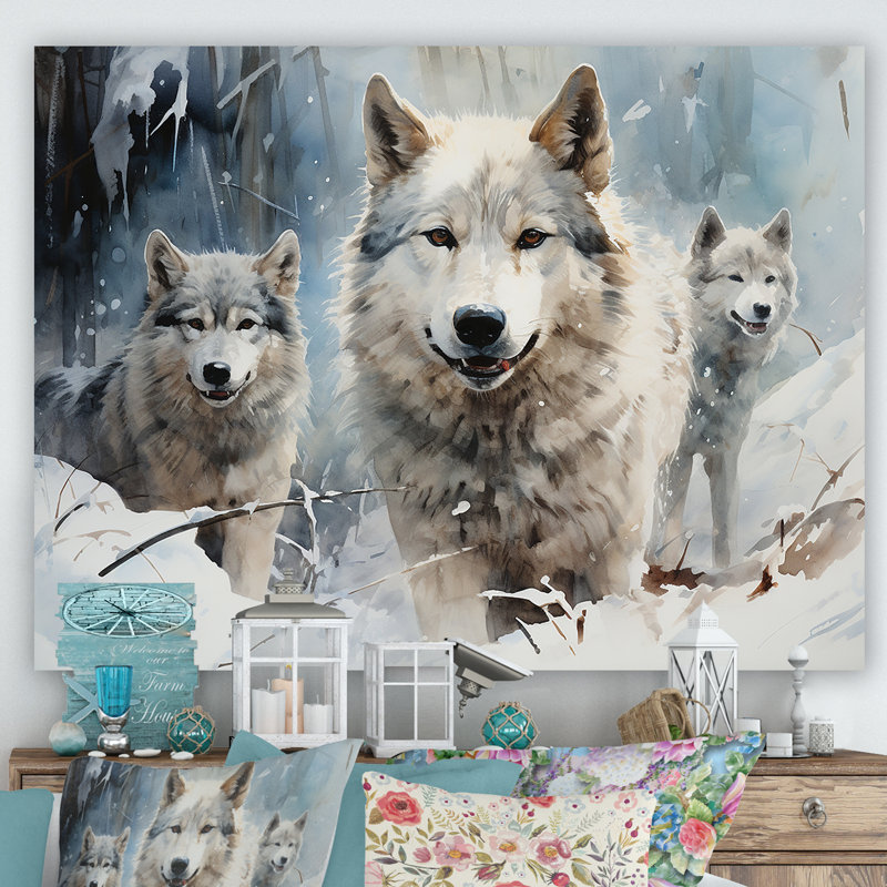 Neige loups en hiver III - loup, art mural, Toile tendue, H 16 po x l 32 po x P 1 po