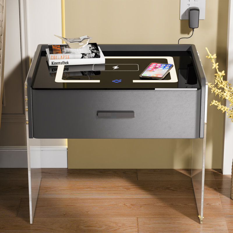 Cyani 1 - Drawer Nightstand with Wireless Charging, LED Lights, Bluetooth Player & Sensor Light, Gray