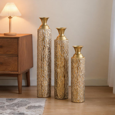 Distressed Soft Gold Floor Vases, Set of 3, with Etched Vine Patterns, 25 to 34 Inches High