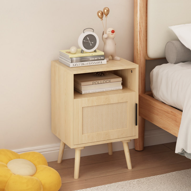 Table de chevet en rotin de 22,83 po de hauteur, table d'appoint avec tablette ouverte, table de chevet décorative avec pieds en bois massif pour chambre à coucher, dortoir