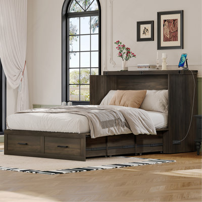 Lit ferme Farmhouse avec station de charge, lit plateforme pliable avec grand tiroir de rangement pour chambre d'amis, petite chambre, gris rustique