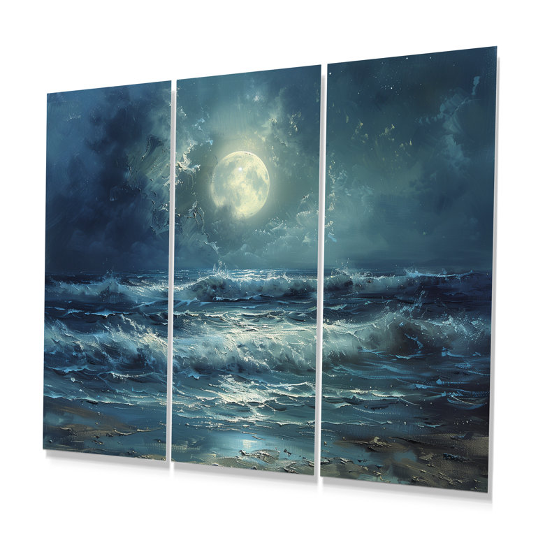 White Blue Realist Winter Moonlit Coast - Coastal Waves Wall Decor Set, 28"H x 36" W x 1" D