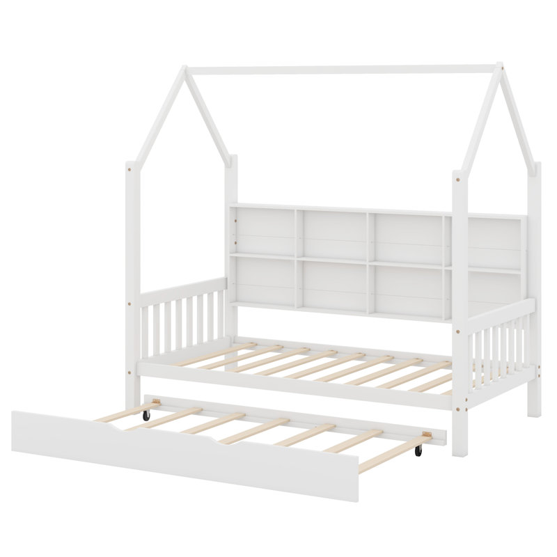 Lit en bois avec couchette et tablette, Blanc