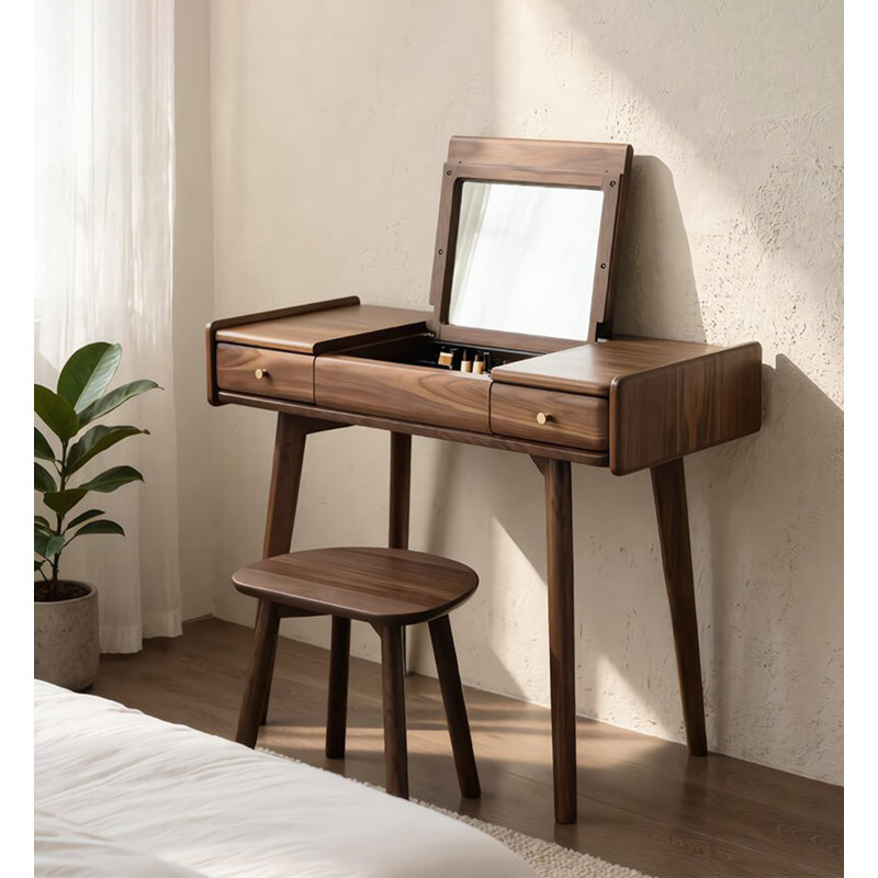 Coiffeuse moderne et minimaliste en noyer avec plateau rabattable pour chambre à coucher