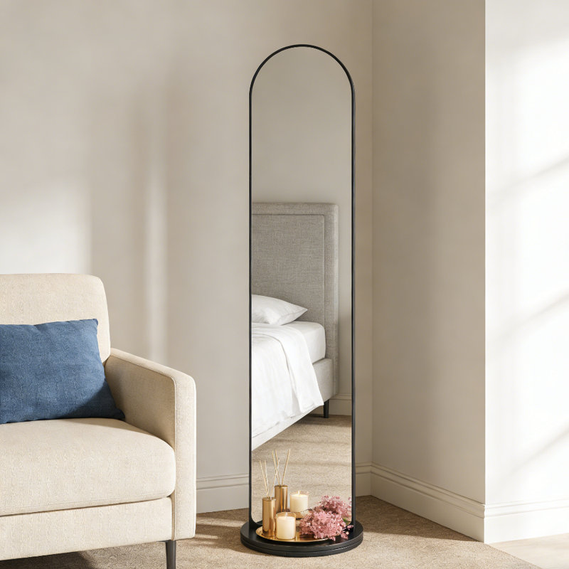 Arch Floor Mirror with Shelves, Black