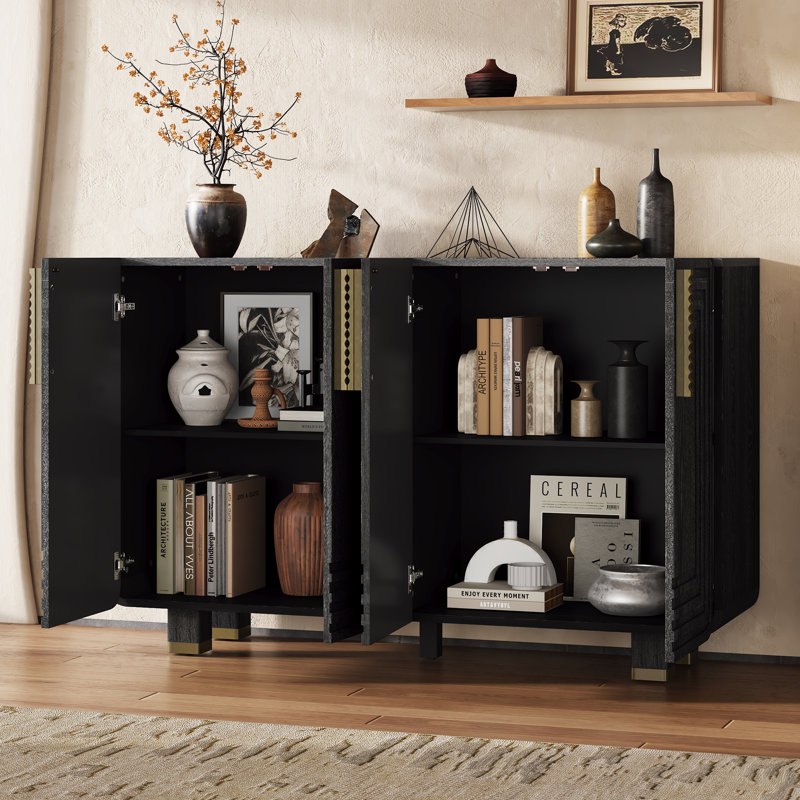 Buffet rétro avec rangement, buffet cannelé à 4 portes avec tablettes réglables (noir) | Idée de cadeau